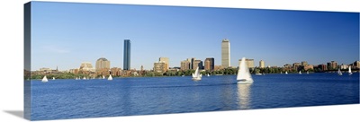 Sailboats in a river with skyscrapers in the background, Charles river, Boston, Massachusetts