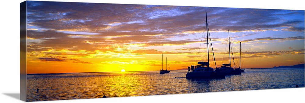 Sailboats in the ocean at sunset, Tahiti, Society Islands, French Polynesia