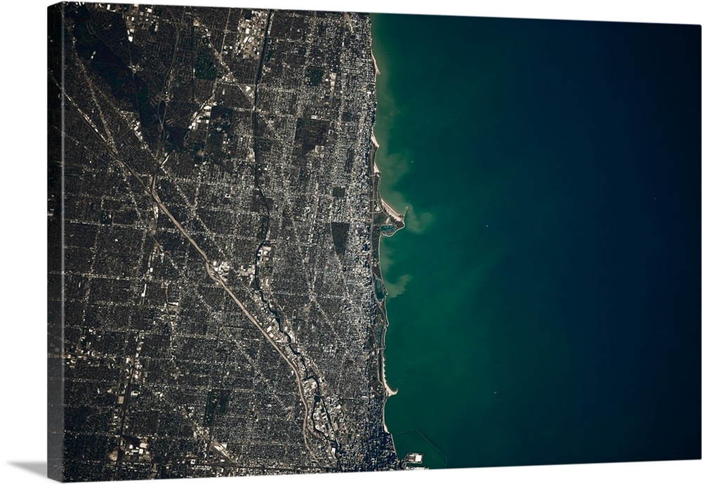Satellite view of Chicago and Lake Michigan, Illinois, USA