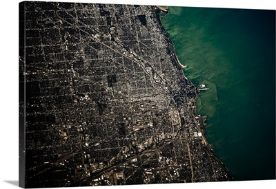 Satellite view of Chicago and Lake Michigan, Illinois