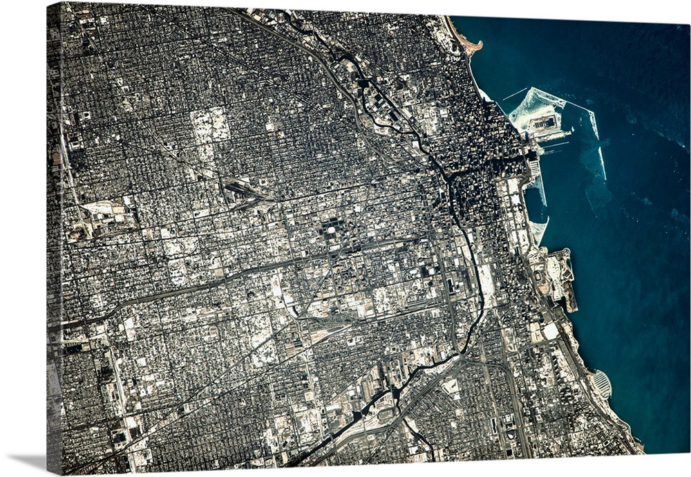 Satellite view of Chicago city at the coast of Lake Michigan, USA