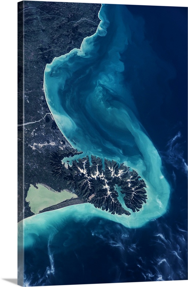 Satellite view of Lake Ellesmere and Pigeon Bay at Banks Peninsula near Christchurch, New Zealand