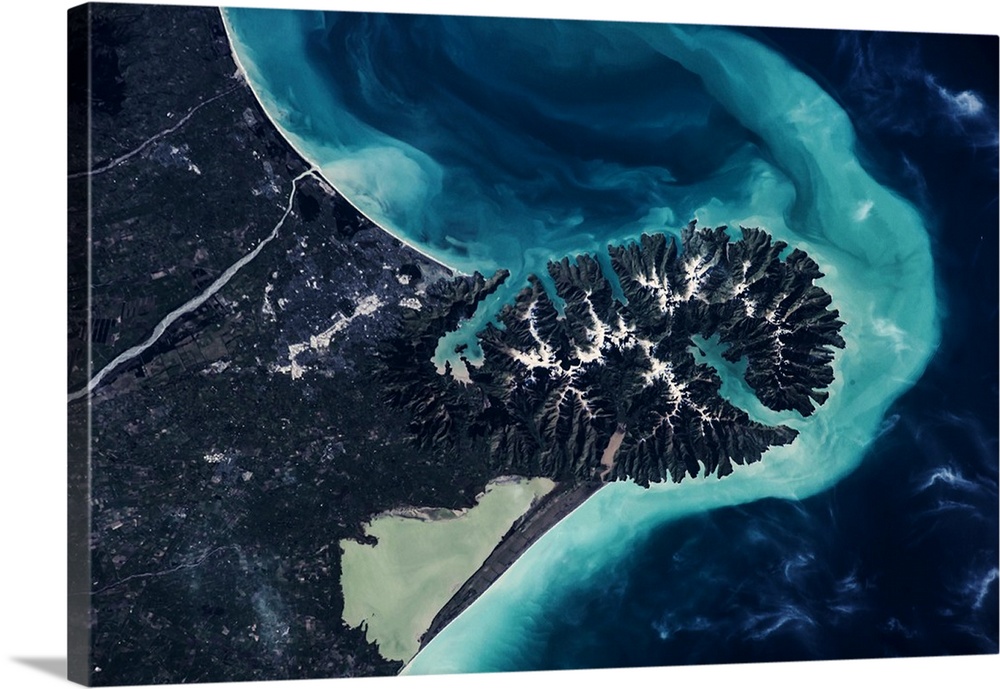 Satellite view of Lake Ellesmere and Pigeon Bay at Banks Peninsula near Christchurch, New Zealand