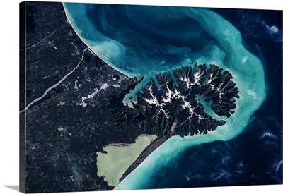 Satellite view of Lake Ellesmere and Pigeon Bay at Banks Peninsula, New Zealand
