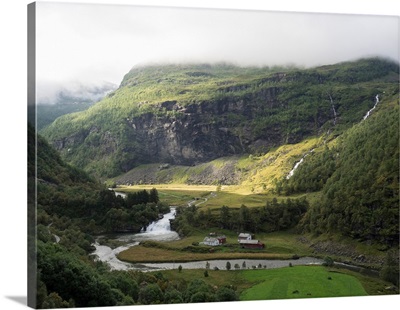 Scenic view of river flowing through valley, Flam, Sogn og Fjordane County, Norway