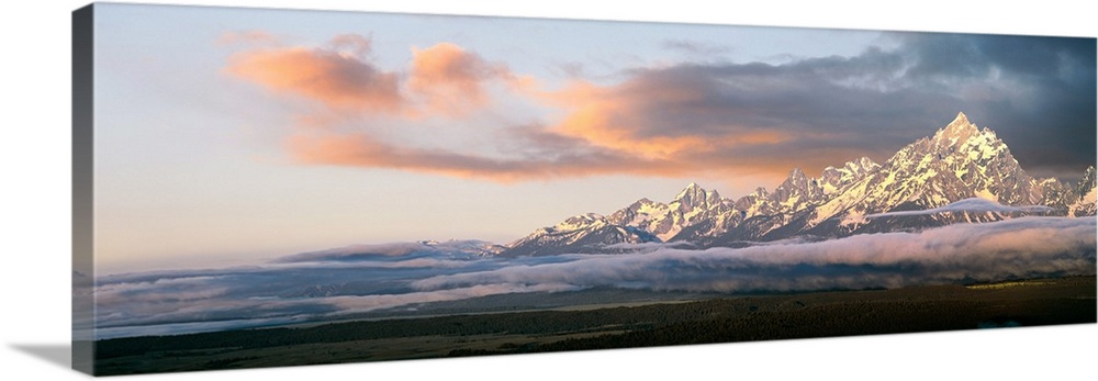 Scenic view of Teton Range at sunrise, Grand Teton National Park, Teton County, Wyoming, USA.