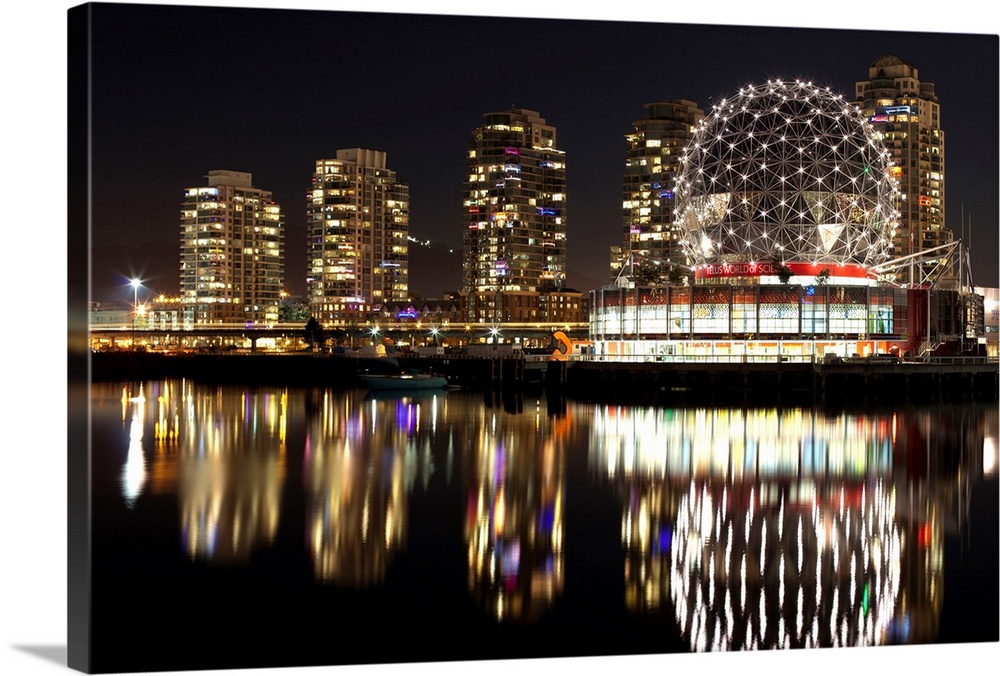 Science World lit up at night, False Creek, Vancouver, British Columbia, Canada