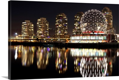 Science World lit up at night, False Creek, Vancouver, British Columbia, Canada