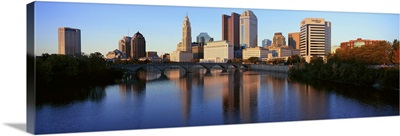 Scioto River and Columbus Ohio skyline, with setting sunlight