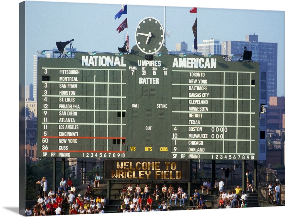 Scoreboard in A Baseball Stadium, Wrigley Field, Chicago, Cook County, Illinois | Large Solid-Faced Canvas Wall Art Print | Great Big Canvas