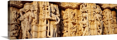 Sculptures carved on a wall of a temple Jain Temple Ranakpur Rajasthan India