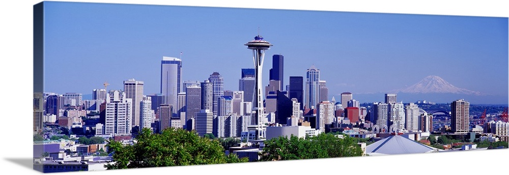 Panoramic photograph shows the busy skyline for the most populated city in Washington state.  In the middle of the picture...