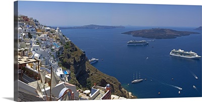 Ships in the sea viewed from a town, Santorini, Cyclades Islands, Greece