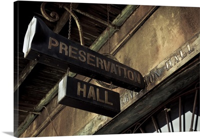 Signboard on a building, Preservation Hall, French Quarter, New Orleans, Louisiana