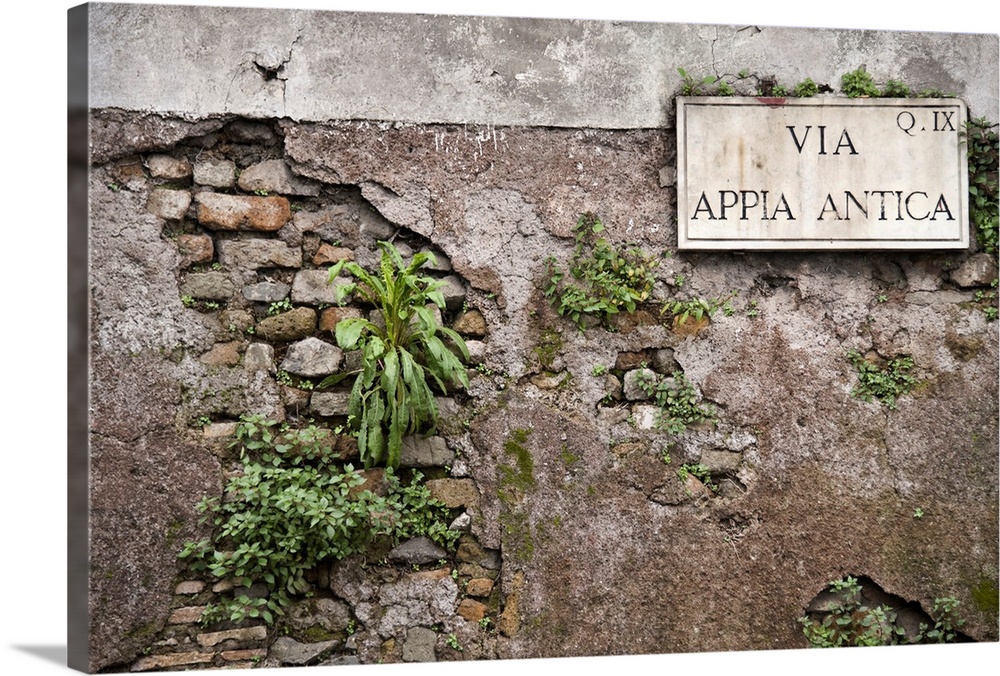 Signboard on a weathered wall, Appian Way, Rome, Lazio, Italy