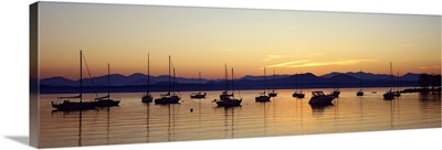 Silhouette of boats in a lake, Lake Champlain, Vermont