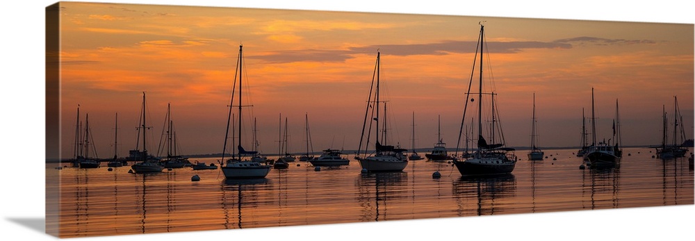 Silhouette of boats in Atlantic ocean at dusk, Rockland Harbor, Rockland, Knox County, Maine, USA