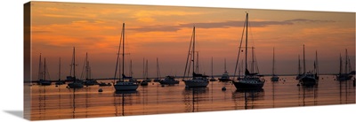 Silhouette of boats in Atlantic ocean at dusk, Rockland Harbor, Rockland, Maine