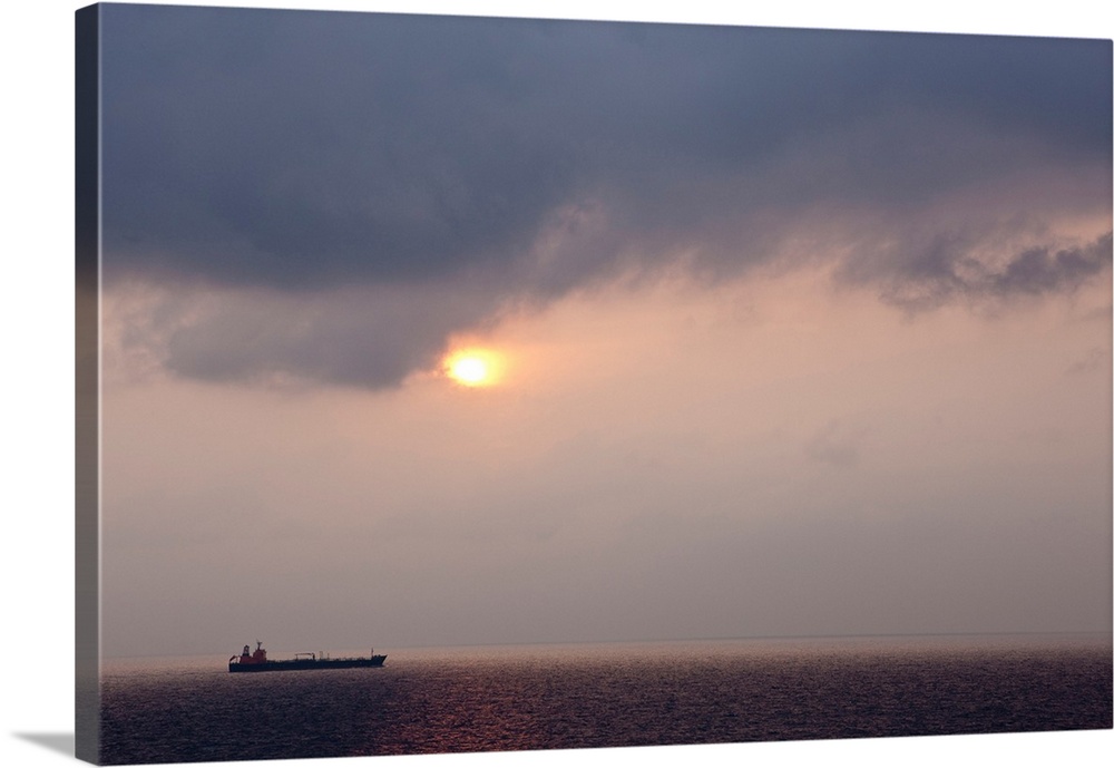 Silhouette of freight boat in sea, Singapore Shipping Docks and Harbor, Singapore