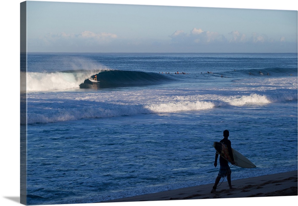 Silhouette of man carrying surfboard on beach, Hawaii, USA