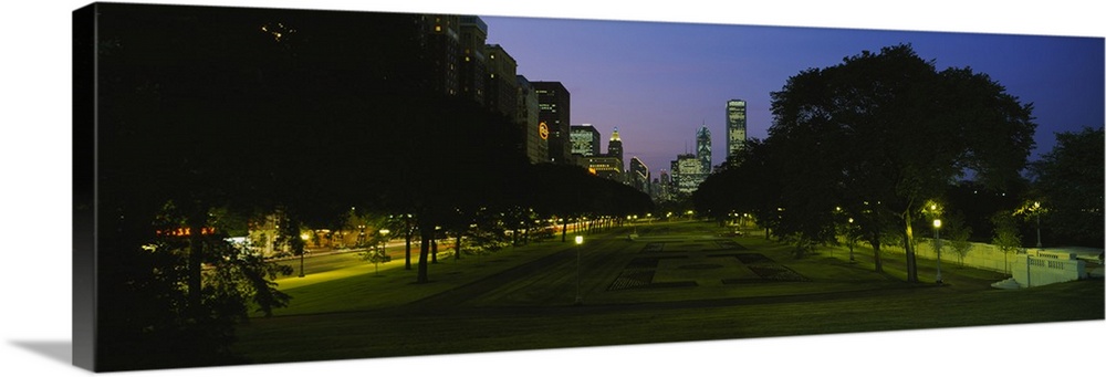 Silhouette of trees along the street in a cityscape, Grant Park, Chicago, Illinois