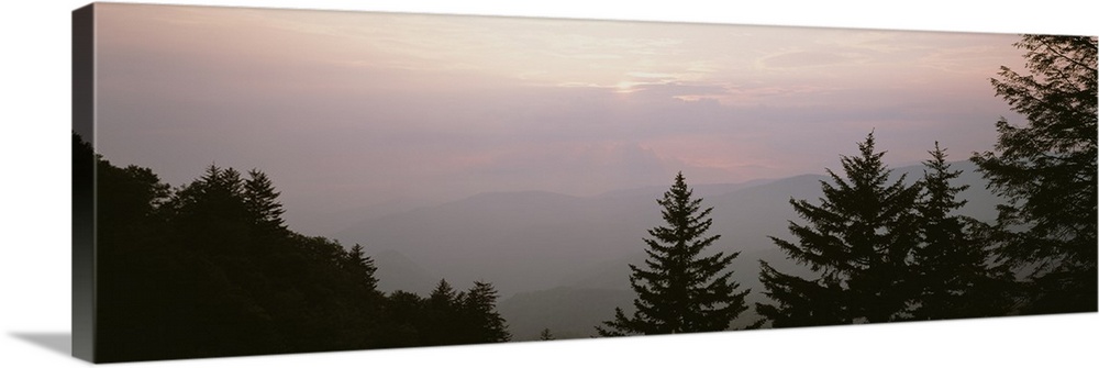 Panorama of mountains and foliage of the Blue Ridge Parkway in North Carolina.