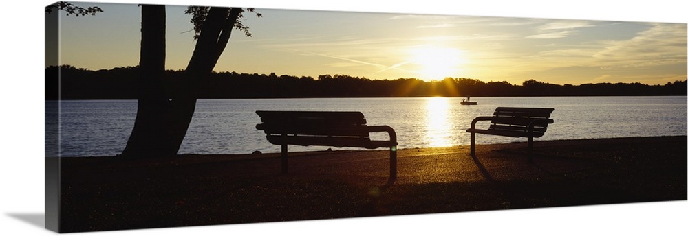 Silhouette of two benches at the lakeside, Reeds Lake, Michigan
