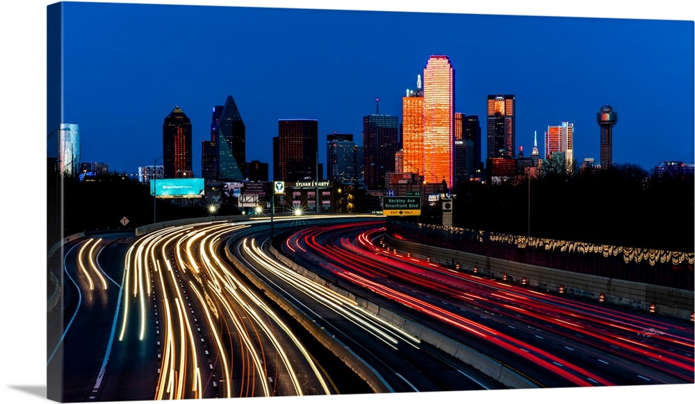 Skyline and Tom Landry Freeway, with Streaked Lights at Night, Dallas, Texas | Large Stretched Canvas, Black Floating Frame Wall Art Print | Great