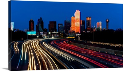 Skyline And Tom Landry Freeway, With Streaked Lights At Night, Dallas, Texas