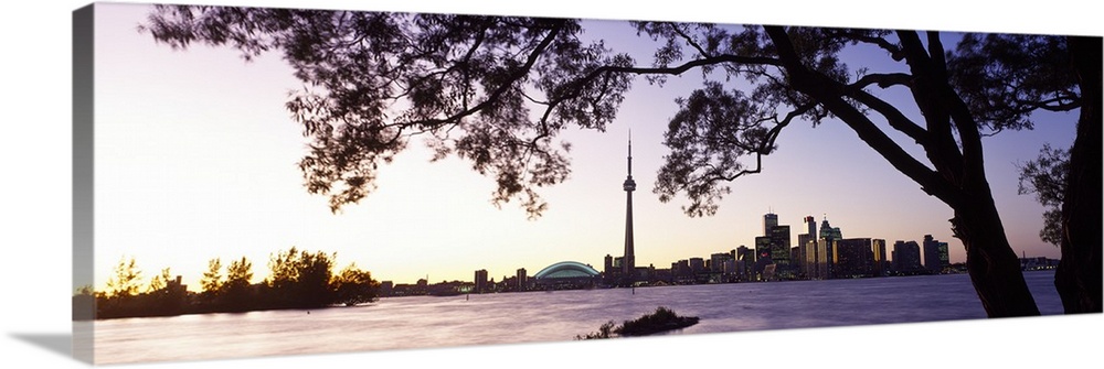 Landscape photograph on a giant canvas of a large tree hanging over the water as the sun sets, the Toronto skyline on the ...