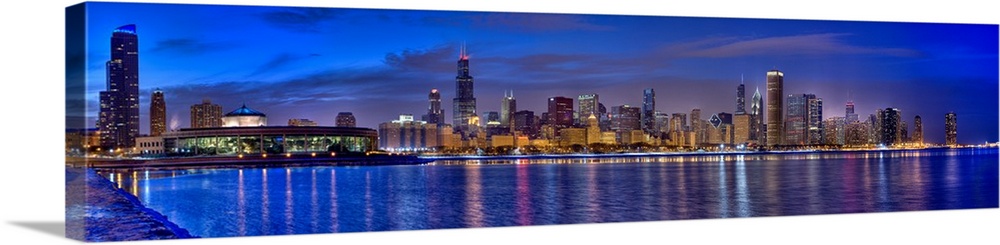Skylines at the waterfront at dusk, Chicago, Cook County, Illinois, USA.