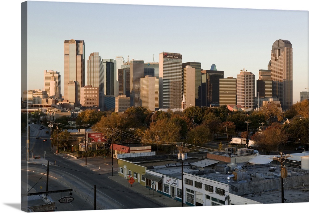 Skyscraper in a city at dawn from the Northeast , Dallas, Texas Wall Art, Canvas Prints, Framed