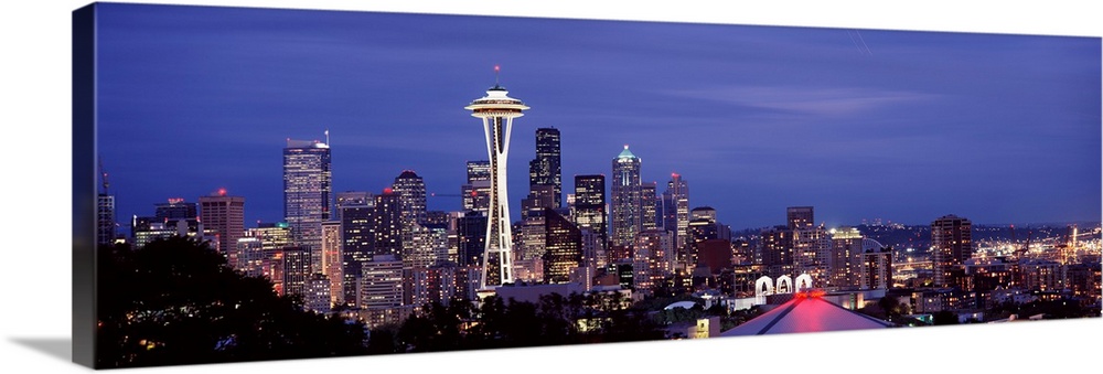 Large panoramic photograph of downtown Seattle, Washington (WA). The Space Needle and many skyscrapers are visible.