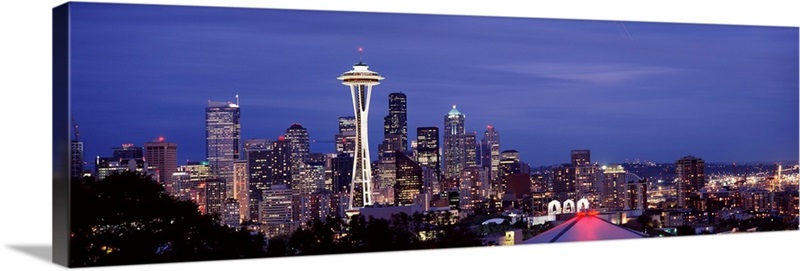 Skyscrapers in a city lit up at night Space Needle Seattle King County ...