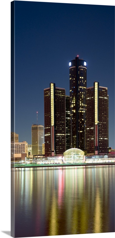 Skyscrapers lit up at dusk, Renaissance Center, Detroit River, Detroit, Michigan,