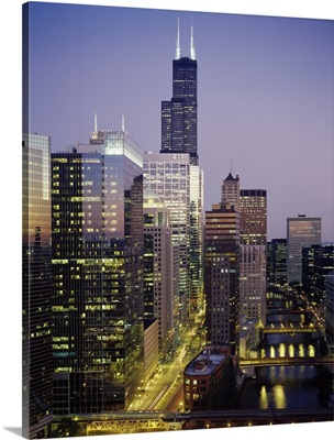 Skyscrapers lit up at night, Sears Tower, Chicago, Cook County, Illinois,
