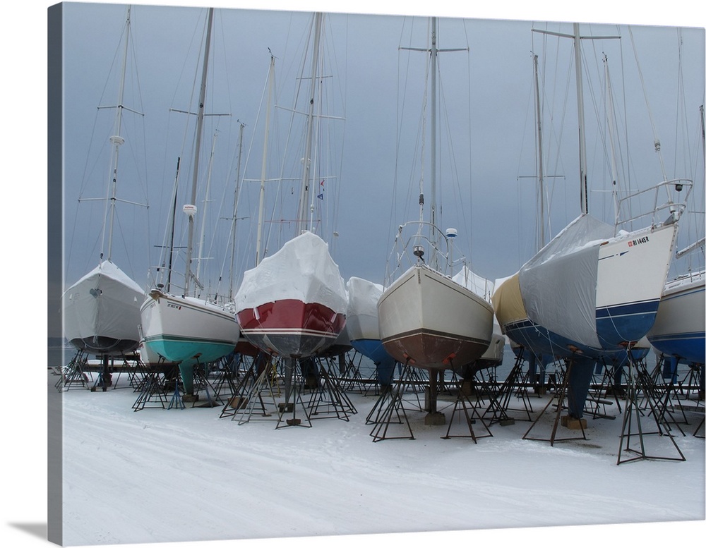 Snow covered boats at Christmas, Jamestown, Newport County, Rhode Island, USA