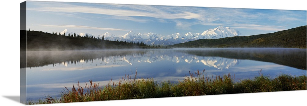 Snow-covered Mount McKinley and Alaska Range, reflection in Wonder Lake, Alaska