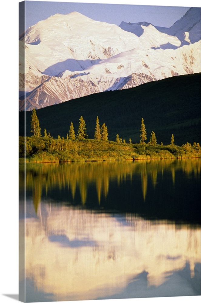 Snow-covered Mount McKinley reflected in Wonder Lake, Denali National Park, Alaska