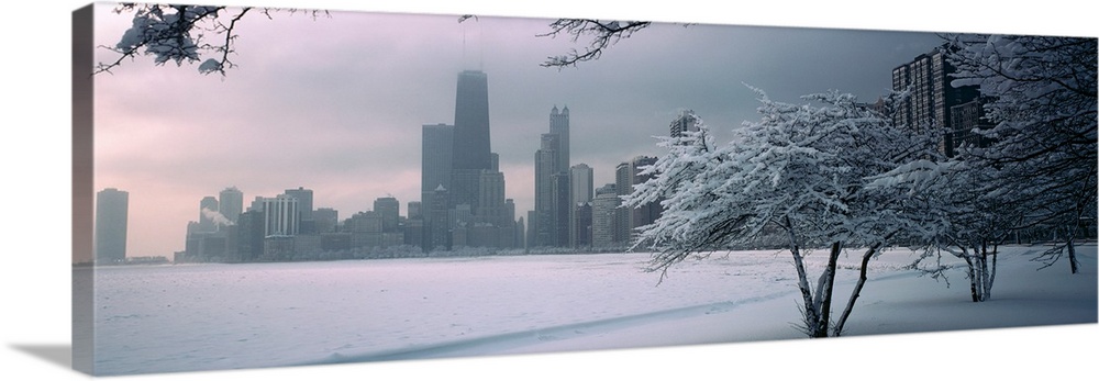 Panoramic photograph of winter snow on a shore with a city skyline in the distance.  There are trees on the shore in the f...