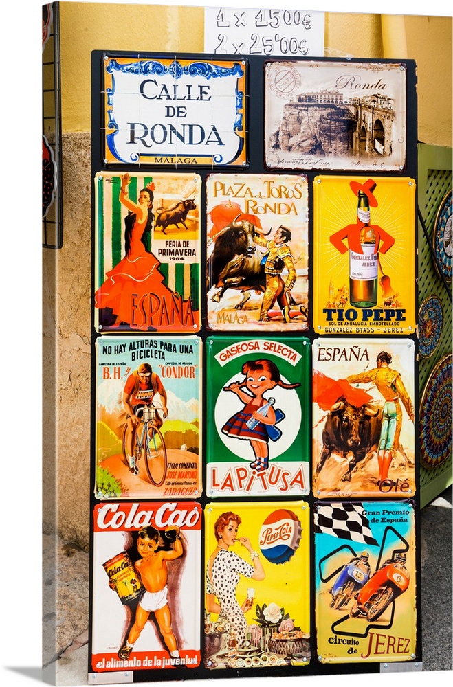 Souvenir copies of old spanish advertisements, printed on metal. Ronda, Malaga Province, Andalusia, southern Spain.