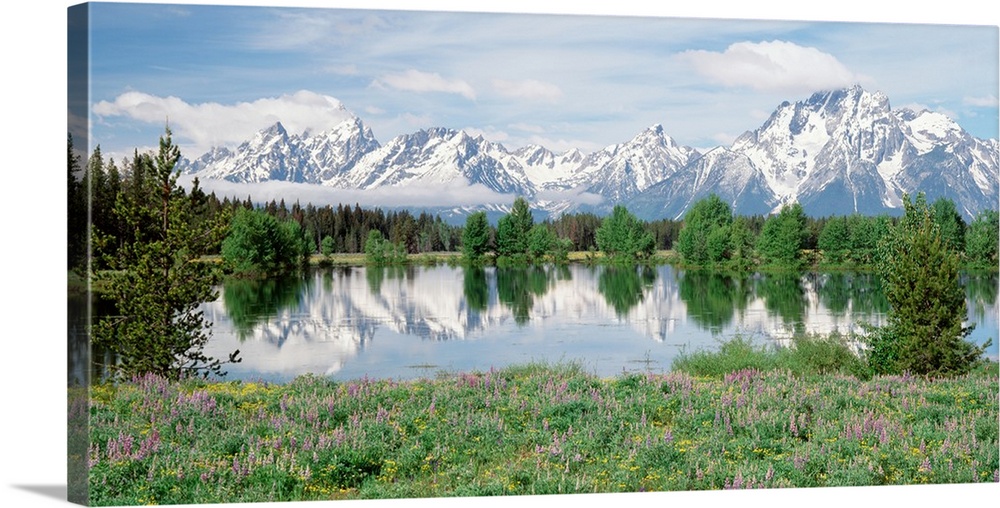 Large photo on canvas of a rugged mountain range with a lake in the foreground and a tree line seperating the two.