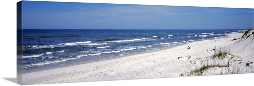 This wall art is a panoramic photograph of a sandy Florida beach lined by dunes on a clear sunny day with waves washing up...