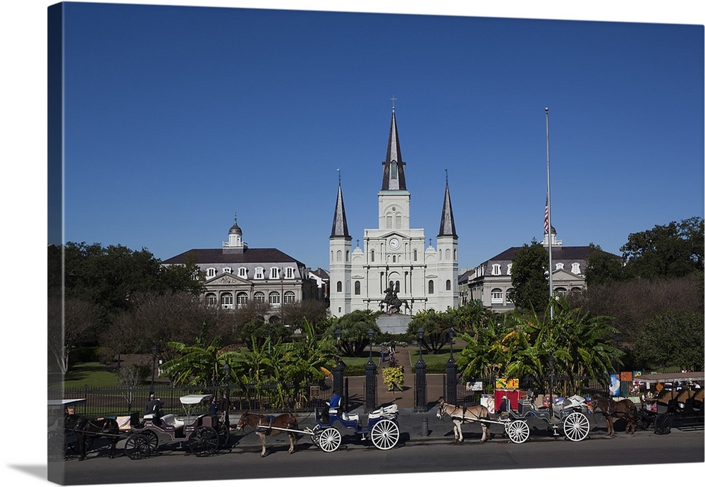 Several mule-drawn carriages in front of the St. Louis Cathedral in New Orleans, Louisiana.
