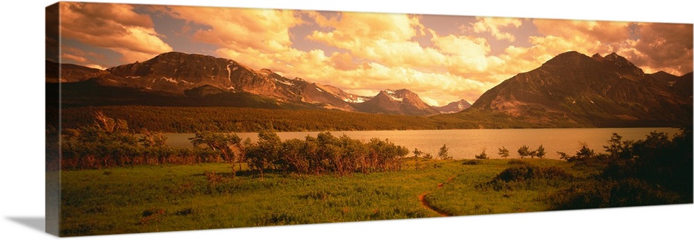 Sunset over the Rocky Mountains at Saint Mary Lake in Glacier Nation Park, Montana.
