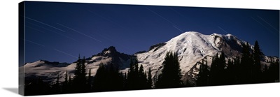 Star trails over mountains, Mt Rainier, Washington State,