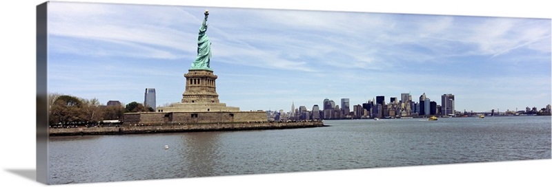 New York City Skyline Black & White Panoramic Wall Decor - Lower Manhattan,  Liberty & Ellis Islands