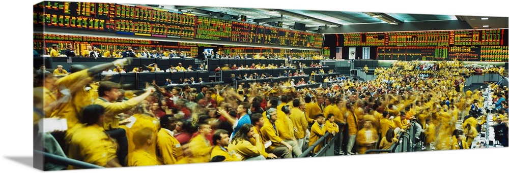 Hundreds of people at the stock exchange in Chicago are photographed inside during trade time.