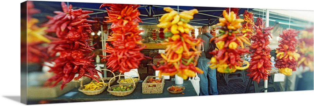 Strands of chili peppers hanging in a market stall Pike Place Market Seattle King County Washington State