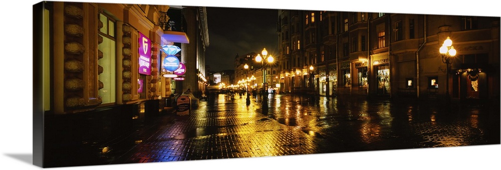 Street lit up at night, Arbat Street, Moscow, Russia